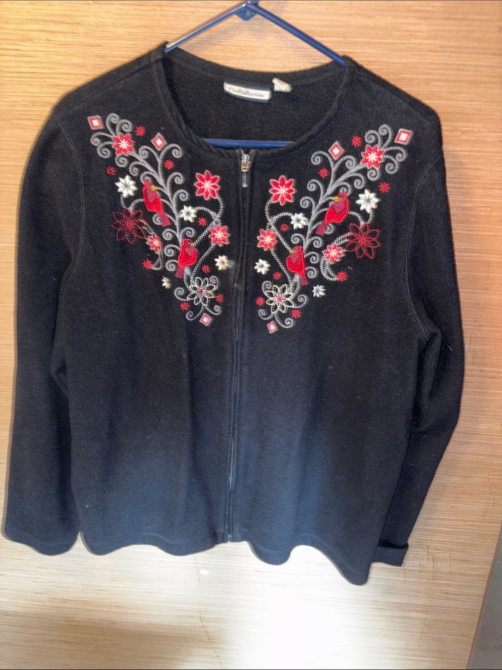 Croft & Barrow Black Zip-Front Cardigan with Red & White Floral Embroidery